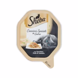 SHEBA ALIMENTO COMPLETO PER GATTI PATE' DI TACCHINO POLLO VERDURE 85 GRAMMI Noi di SHEBA sappiamo chei proprietari amano i pr ...