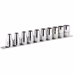 Contiene: 11 prese: 3/16, 7/32, 1/4, 9/32, 5/16, 11/32, 3/8, 13/32, 7/16, 1/2, 9/16. Fornito su rack metallico. Peso: 345 g.