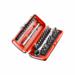 Dettagli: Comprende:- Cricchetto porta punte R.PE 1/4''.- Prolunga 100 mm.- 28 inserti 1/4: 1 TT10-15-20-25-27-30-40s T 6-7-8 ...