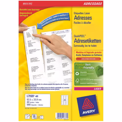Avery L7159-40, Bianco, Carta, Laser, 63,5 x 33,9, 960 pz, 40 fogli
