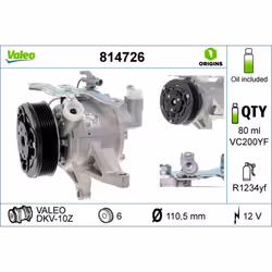Id compressore: DKV-10Z. Indice: VAL814726. Limitazione costruttore: VALEO. Numero del Produttore: 814726. Peso [kg]: 5,37. P ...