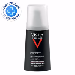 Vichy Homme Deodorante 24H ultra-fresco Spray offre protezione antiodore per 24 ore, lasciando una sensazione di freschezza d ...