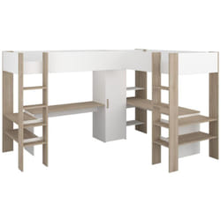 Letto matrimoniale angolare a soppalco 2 x 90 x 200 cm Con vani e scrivania Bianco e Naturale - lascano