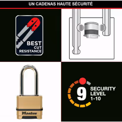 Il lucchetto massiccio Master Lock Excell® N° M175EURDLH è caratterizzato da un corpo in zinco largo 56 mm per una maggiore r ...
