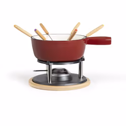 Un set per fonduta piuttosto tradizionale. Il tradizionale set per fonduta ha una padella in ghisa smaltata rossa e una base  ...