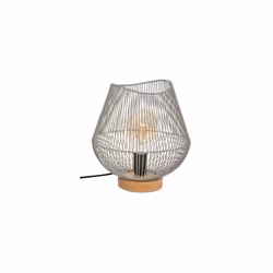 Lampada da tavolo dallo stile moderno. La base è realizzata in legno con un paralume stilizzato in metallo effetto griglia on ...