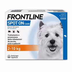 Frontline Spot-On Antiparassitario è un antiparassitario veterinario che protegge i cani dai parassiti.