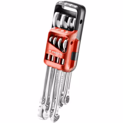 Set di 8 chiavi combinate su valigetta portatile. Aperture: 8 - 10 - 11 - 12 - 13 - 14 - 17 - 19 mm Forcella ruotata di 15° p ...