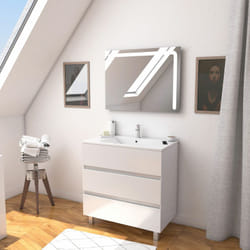 Armadio per mobile da bagno bianco 80 cm a piedi 3 cassetti + lavabo in ceramica bianca + specchio