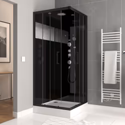 Specifiche tecniche 90x90x215cm Altezza richiesta per l'installazione 230 cm Struttura in alluminio nero opaco Porte in vetro ...