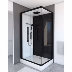 Specifiche tecniche 80x110x215cm Altezza richiesta per l'installazione 230 cm Struttura in alluminio nero opaco Porta scorrev ...