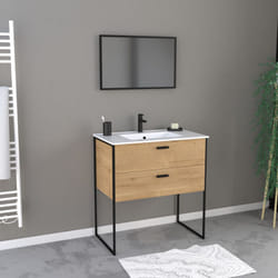 Set mobile bagno 80x45 cm stile industriale colore rovere naturale - Lavabo bianco