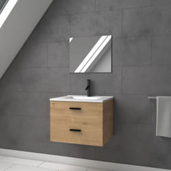 Aurlane - Mobile da bagno sospeso 60 cm con 2 cassetti finitura legno, lavabo e specchio - box-in 60 wood