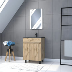 Mobile da bagno 60x80 - Finitura legno naturale - Lavabo nero + Specchio Led - TIMBER 60 - Pack02