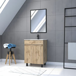 Aurlane - Mobile da bagno 60 cm finitura rovere naturale 2 ante - Lavabo bianco e Specchio - timber