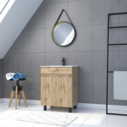 Aurlane - Mobile da bagno 60cm da Appoggiare 2 Ante Rovere Lavabo Bianco + Specchio Barbiere