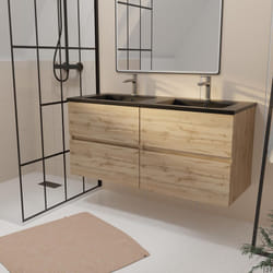 Aurlane - Mobile bagno da 120 cm 4 Casseti Rovere Naturale + Lavabo Doppio Ceramica Nera - timber