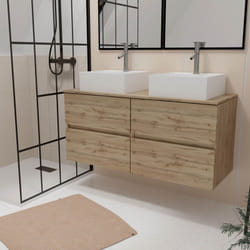 Aurlane - Mobile Bagno 120cm 4 Cassetti Rovere Naturale + 2 Lavabi Quadrati 41x41x15cm Ceramica Bianca