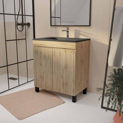 Aurlane - Mobile Bagno 70cm 2 Ante aspetto Rovere Naturale e Lavabo Ceramica Nera Opaca