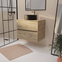 Aurlane - Mobile da bagno sospeso 70 cm timber Decor Rovere 2 cassetti e lavabo nero da appoggio