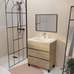 Aurlane - Mobile da bagno 70 Finitura Rovere Naturale 3 cassetti Lavabo bianco e Specchio 70x50cm