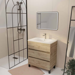 Aurlane - Mobile da bagno 70 Finitura Rovere Naturale 3 cassetti Lavabo bianco e Specchio Led 70x50