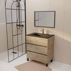 Aurlane - Mobile da bagno 70 Finitura Rovere Naturale 3 cassetti Lavabo nero e Specchio 70x50cm