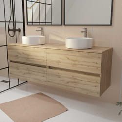 Aurlane - Mobile da Bagno 160 timber Decorazione Rovere - 4 Cassetti - 2 Lavabi Rotondi Bianchi
