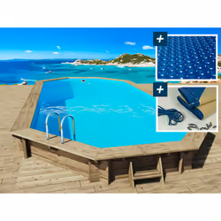 Kit piscina ottagonale allungata in legno - 7,57 x 4,07 x 1,31 m - Pino trattato in autoclave classe 4 FSC - Liner 75/100 ème ...