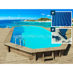 Piscina in legno Palma - 7,57 x 4,07 x 1,31 m + copertura a bolle d'aria da 180 µ + copertura invernale da 280 gr/m².