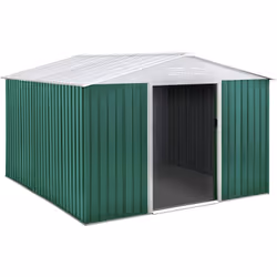 Capanno da giardino in metallo verde e bianco - Dimensioni fuori tutto: L 2,55 x l 2,77 x 2,02 m - Kit d'ancoraggio su cement ...