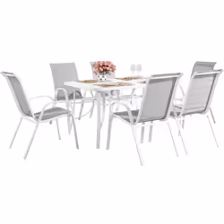 Salotto da giardino in textilene Cordoba - 1 tavolo + 6 sedie - 150 x 90 x 72 cm - Colore : Grigio/Bianco Mobili da giardino ...