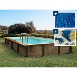 Kit piscina in legno Tampa - 7,20 x 4,20 x 1,44 m - Copertura a bolle 400 µ - Copertura invernale 280 g/m².