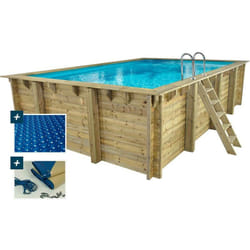 Piscina rettangolare in legno Panama - 6,20 x 4,10 x 1,45 m + Copertura a bolle 180 µ - Copertura invernale 280 g/m² +