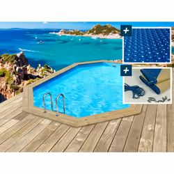 Kit piscina in legno scandinava o bielorussa fuori terra ottagonale allungata - 6,53 x 4,41 x 1,45 m - Pino trattato in autoc ...