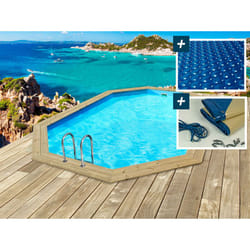 Piscina in legno Cancun - 6,53 x 4,41 x 1,45 m + Copertura a bolle 180 µ - Copertura invernale 280 g/m².