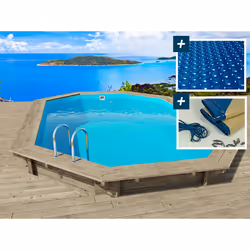 Piscina in legno "Miami" - 4,86 x 3,36 x 1,20 m + copertura a bolle d'aria da 180 µ + copertura invernale da 28 ...