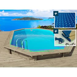 Piscina in legno &quot;Miami&quot; - 4,86 x 3,36 x 1,20 m + copertura a bolle d&#39;aria da 180 µ + copertura invernale da 280 gr/m².