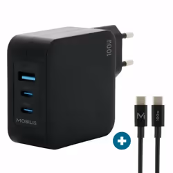 Mobilis Charger 100W 2USB C 1USBA GaN cable 100W, Interno, AC, Nero