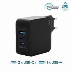 Mobilis Charger 100W 2USB C 1USBA GaN cable 100W Computer portatile, Smartphone, Tablet Nero AC Interno