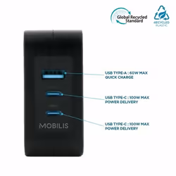 Mobilis Charger 100W 2USB C 1USBA GaN cable 100W Computer portatile, Smartphone, Tablet Nero AC Interno
