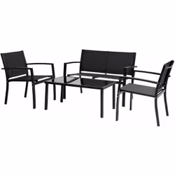 Salotto da giardino basso Lino - 4 posti - Alluminio/textilene - Nero - Antiruggine - Luce - Tavolo con vetro nero - Poltrona ...