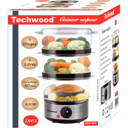 Techwood TCV-364 pentola a vapore 3 cestello/i Superficie piana 400 W Nero, Acciaio inox