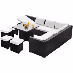 Caratteristiche tecniche: Set completo da salotto in resina intrecciata piatta a 4 fili Numero di posti: 10 Forma del tavolo: ...