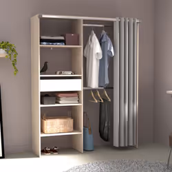 Armadio con tenda, 4 ripiani, 2 appendiabiti e un cassetto in legno e bianco Questo armadio di 182 x 143 x 48 cm, prodotto in ...