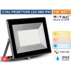 Faro LED V-Tac VT-40101 E-Series con potenza di 100W. Corpo ultra sottile in alluminio pressofuso di colore nero e cavo di co ...