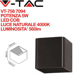 V-tac - VT-758 7094 Lampada led da Muro Quadrata led cob 5W Colore Nero Satinato Fascio Luminoso Superiore e Inferiore 4000K IP20