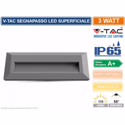 Faretto LED segnapasso a montaggio superficiale V-Tac VT-1162 con potenza di 3W. Forma rettangolare realizzato in materiale p ...