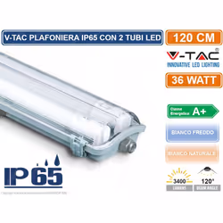 Plafoniera LED V-Tac VT-12023 composta da 2 tubi LED ognuno della potenza di 18W. Lunghezza di 120cm, realizzata in materiale ...