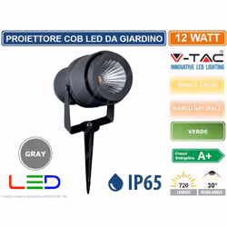 Lampada V-Tac da Giardino LED COB VT-857 con potenza di 12 W. Corpo in alluminio colore grigio , dotato di picchetto, ideale  ...